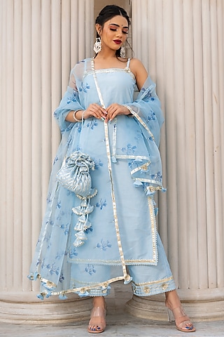 Celestial Blue Cotton Silk Kurta Set by Pomcha Jaipur