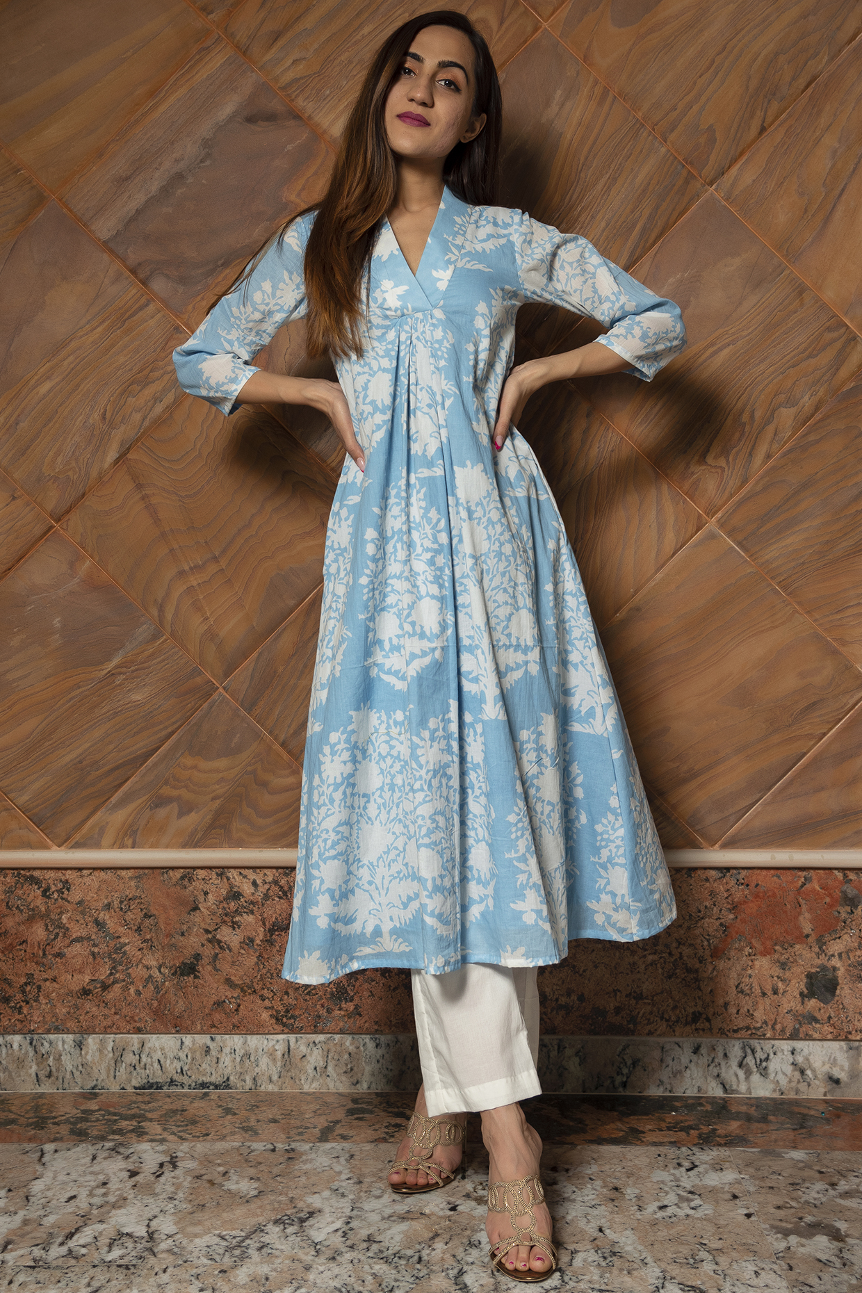 Blue & White Cotton Anarkali Set by Pomcha Jaipur at Pernia's Pop Up Shop