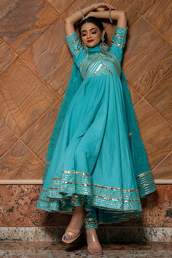Blue Embellished Anarkali Set by Pomcha Jaipur