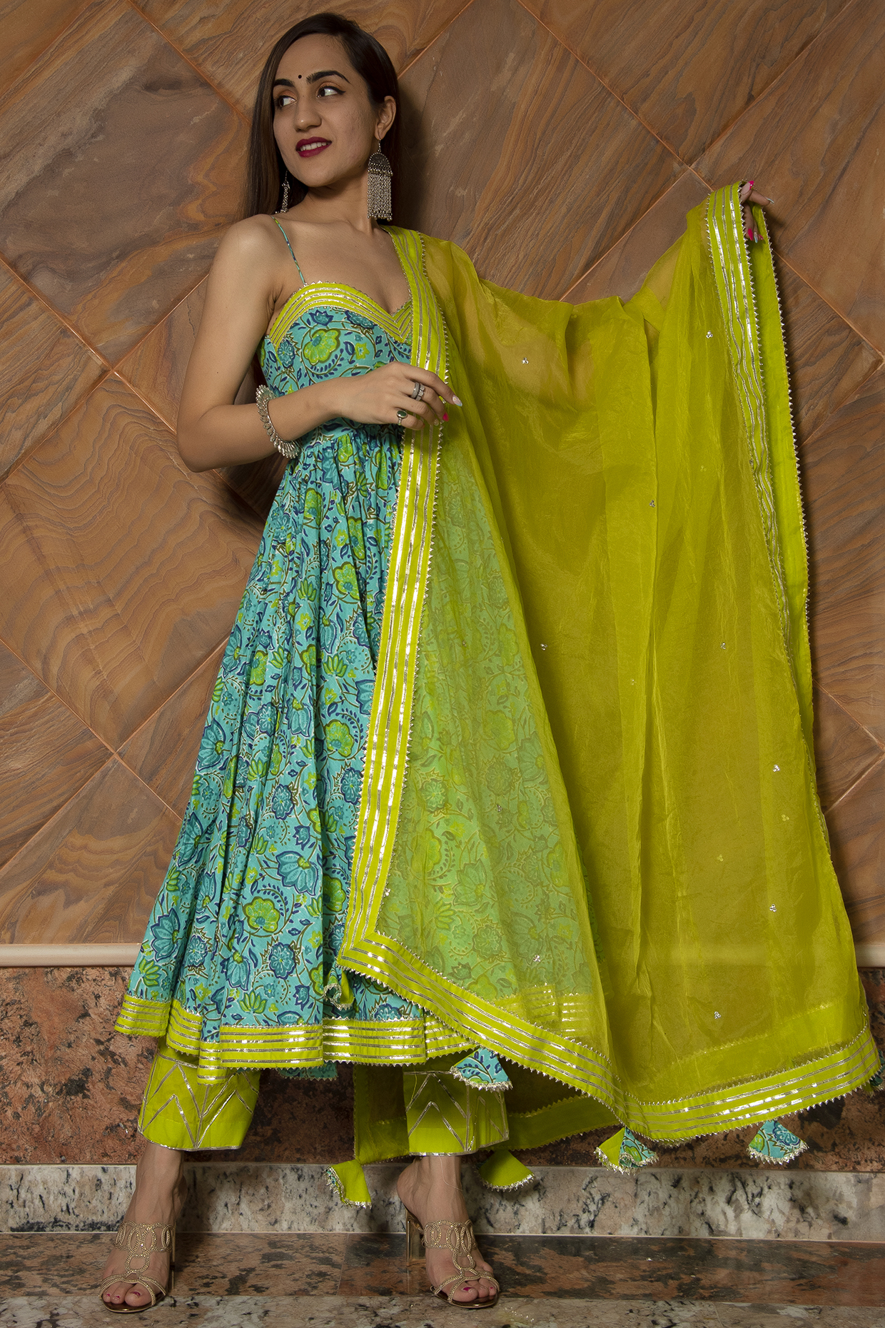 Green Cotton Anarkali Set by Pomcha Jaipur at Pernia's Pop Up Shop