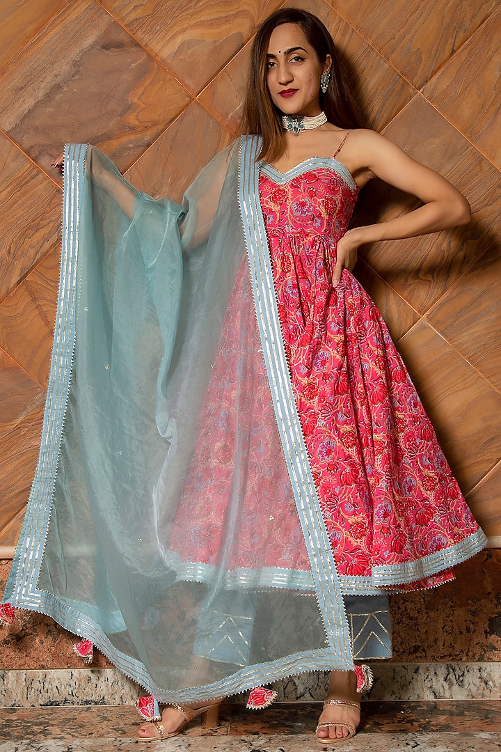 Blush Pink Hand Block Printed Anarkali Set by Pomcha Jaipur at Pernia's Pop Up Shop