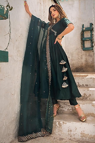 Dark Green Silk Anarkali Set by Pomcha Jaipur