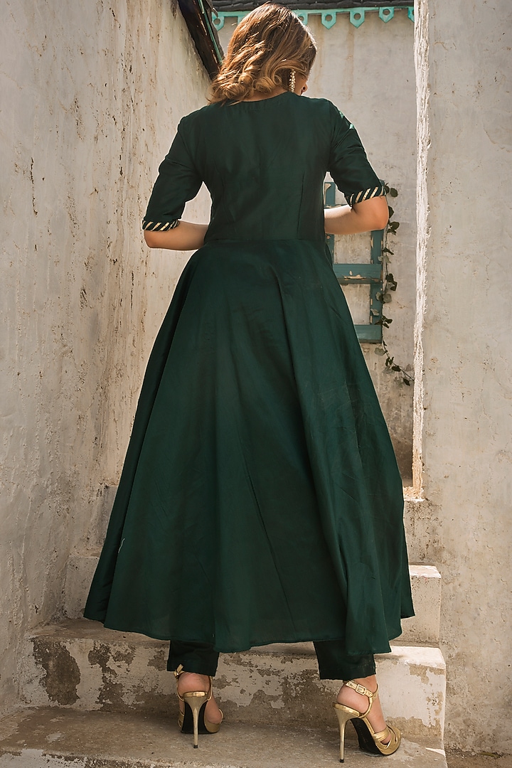 Dark Green Silk Anarkali Set by Pomcha Jaipur at Pernia's Pop Up Shop
