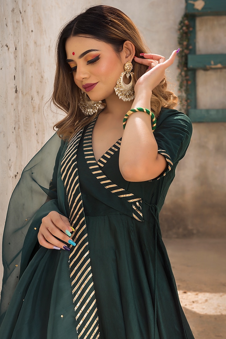 Dark Green Silk Anarkali Set by Pomcha Jaipur at Pernia's Pop Up Shop