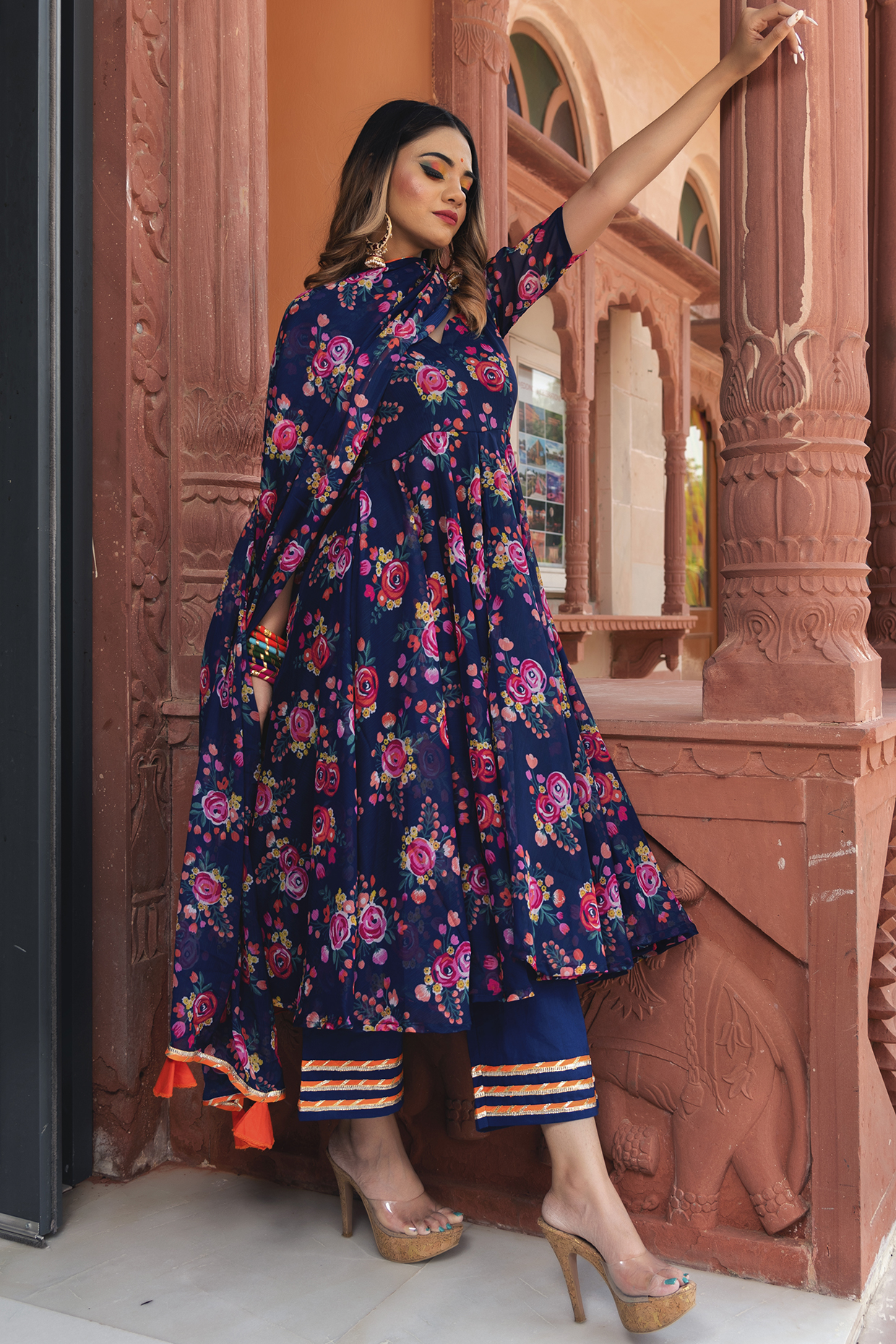 Blue Floral Printed Anarkali Set by Pomcha Jaipur at Pernia's Pop Up Shop