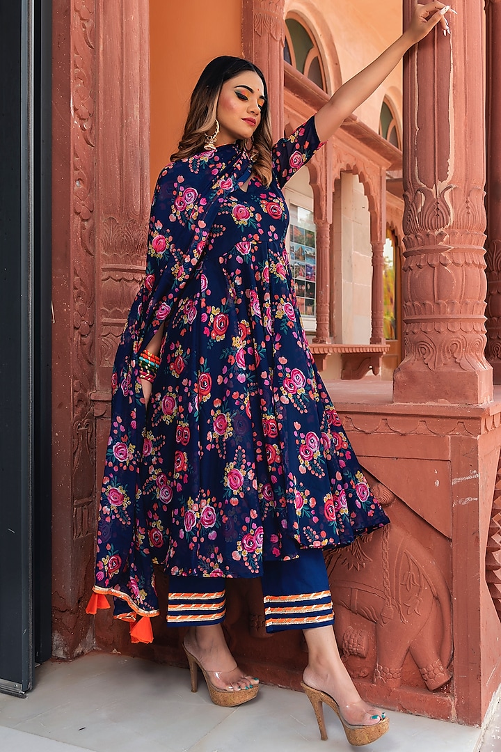 Blue Floral Printed Anarkali Set by Pomcha Jaipur