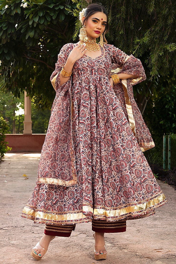 Maroon Printed Anarkali Set by Pomcha Jaipur