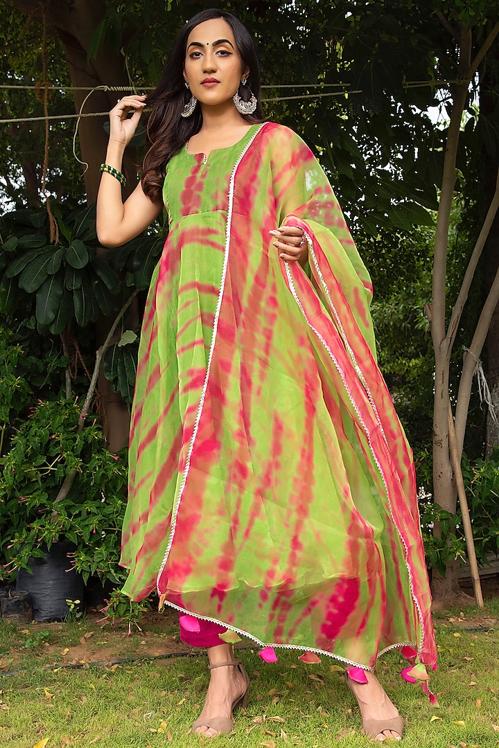 Green Printed Anarkali Set by Pomcha Jaipur