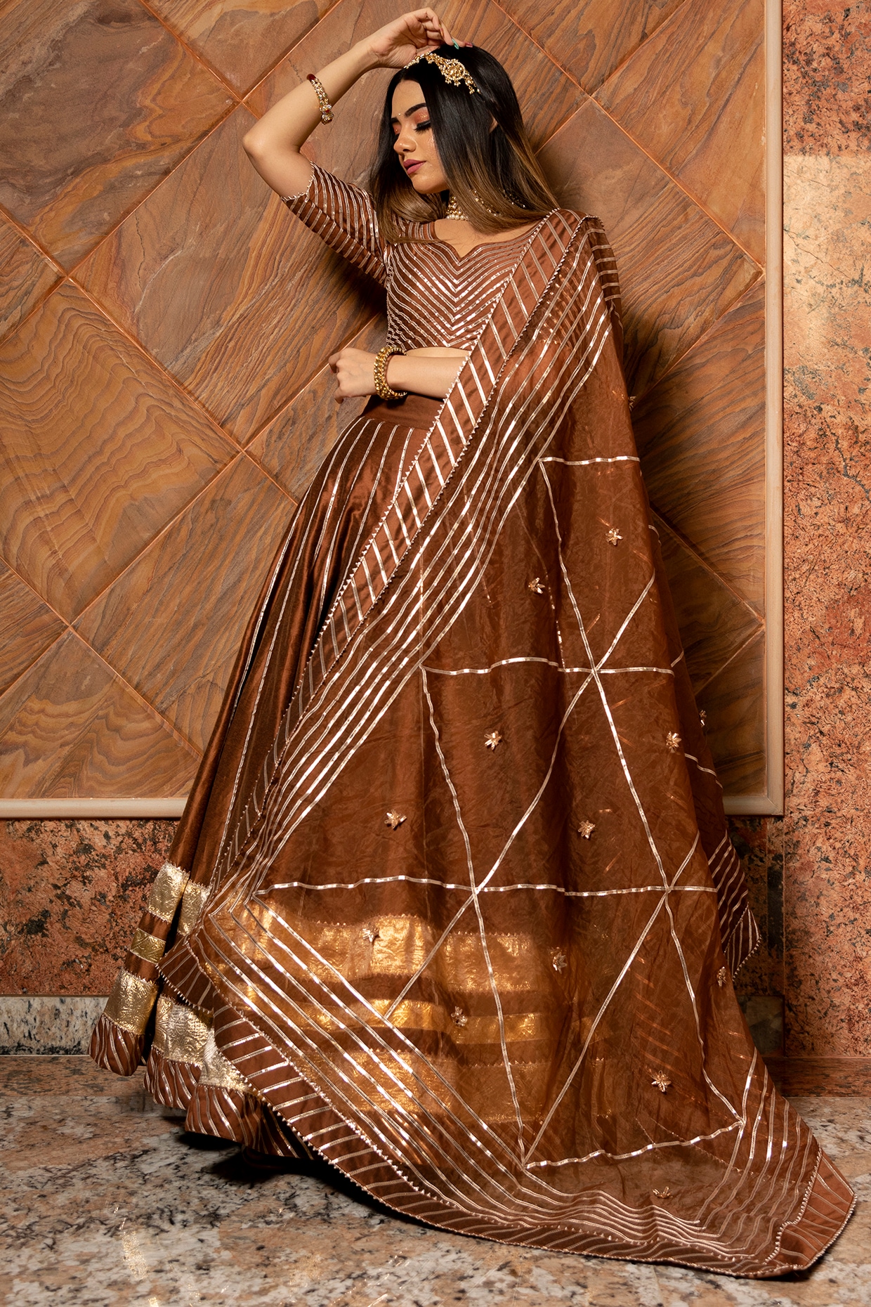 Buy Printed Brown Lehenga with a Blouse and Organza Dupatta by DEBYANI at  Ogaan Online Shopping Site