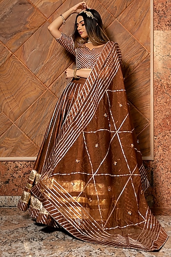 Brown Cotton Silk Gota Work Wedding Lehenga Set by Pomcha Jaipur at Pernia's Pop Up Shop