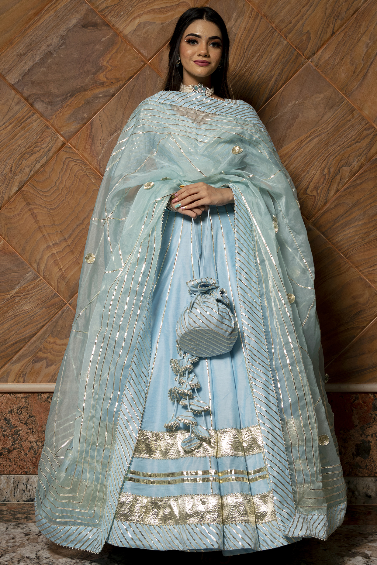 Light Blue Silk Lehenga Set by Pomcha Jaipur