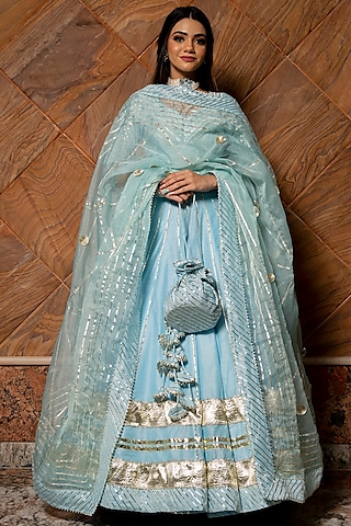 Light Blue Silk Lehenga Set by Pomcha Jaipur