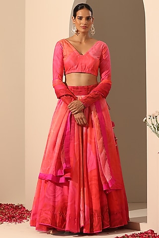 Pink Muslin Silk Lehenga Set by Pomcha Jaipur