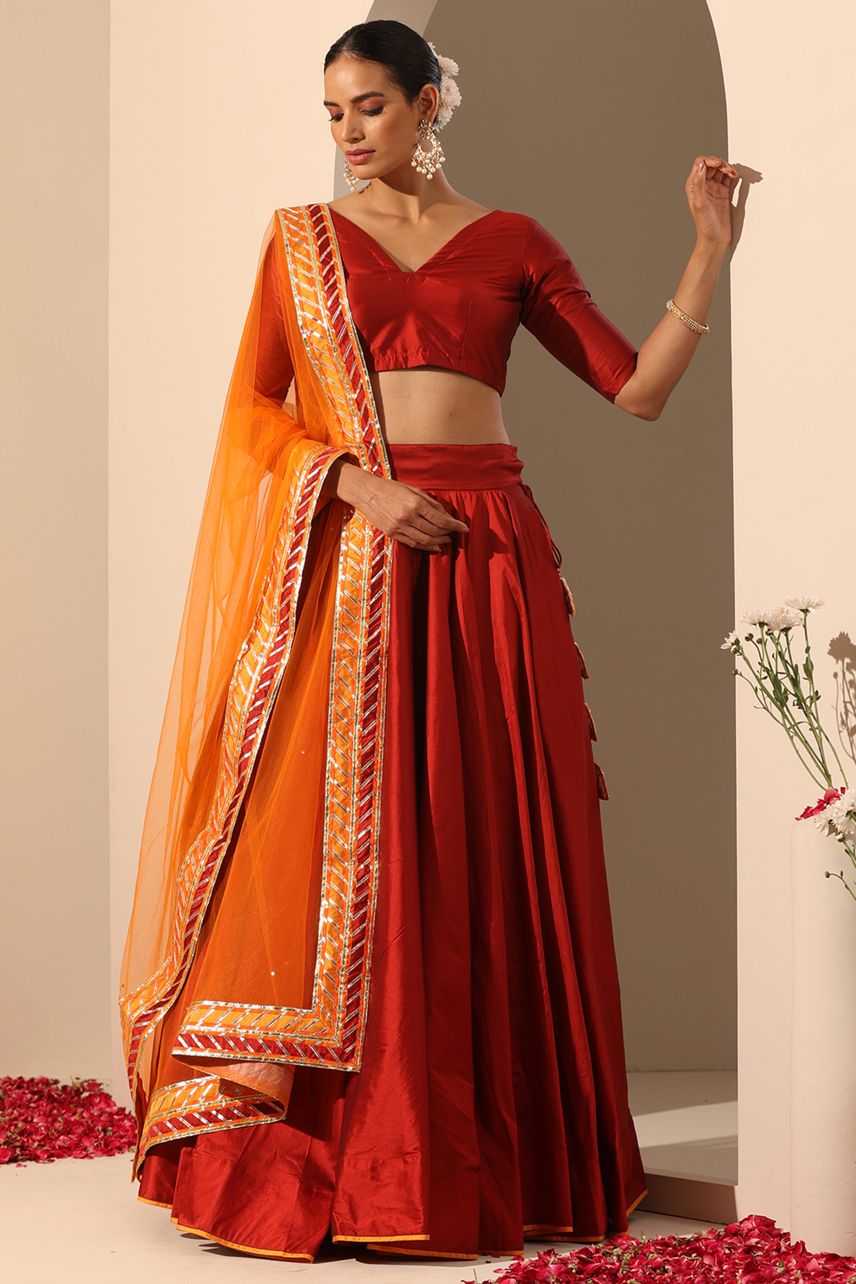 Red Taffeta Silk Lehenga Set by Pomcha Jaipur at Pernia's Pop Up Shop