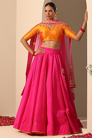 Pink Taffeta Silk Lehenga Set by Pomcha Jaipur