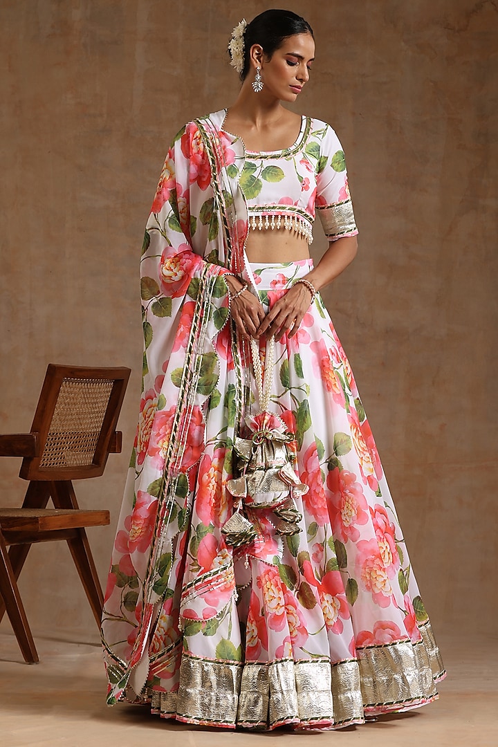 White Georgette Floral Printed Lehenga Set by Pomcha Jaipur