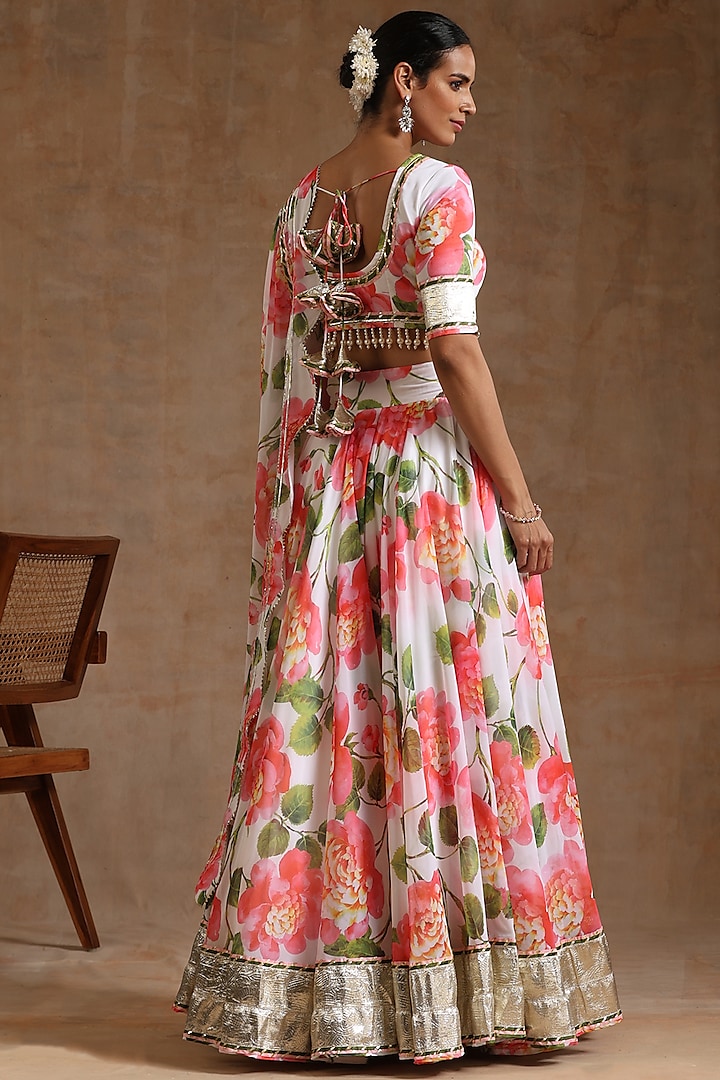 White Georgette Floral Printed Wedding Lehenga Set by Pomcha Jaipur at Pernia's Pop Up Shop