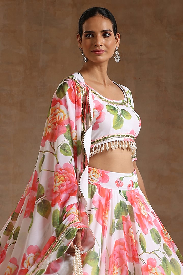 White Georgette Floral Printed Wedding Lehenga Set by Pomcha Jaipur at Pernia's Pop Up Shop