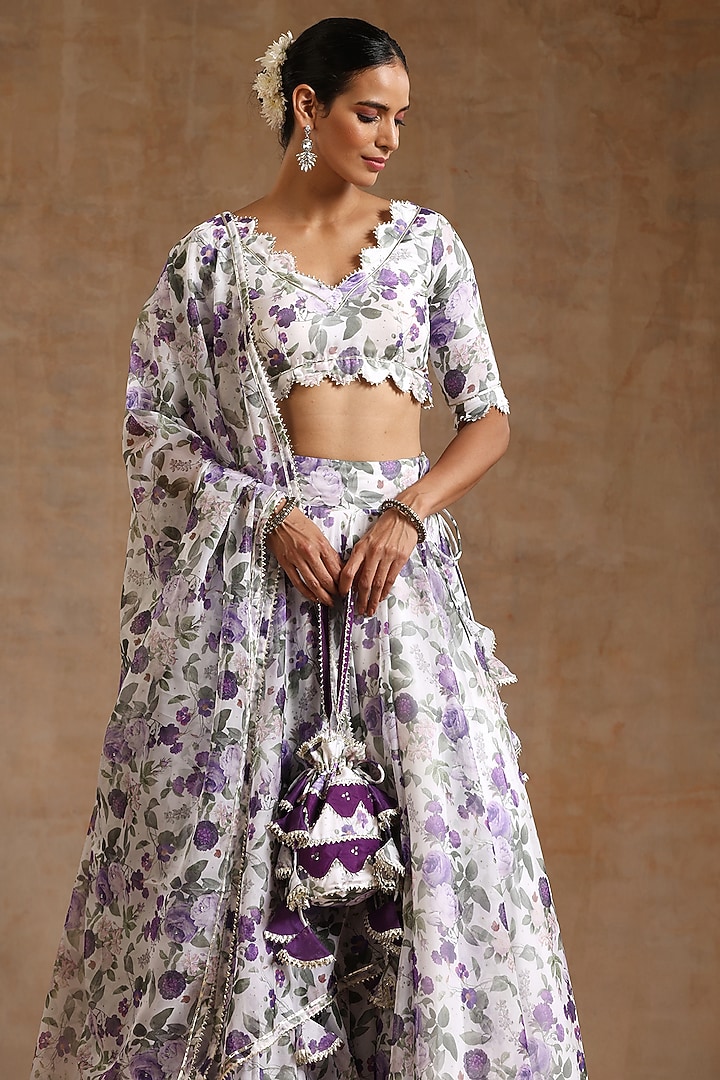 White Organza Floral Printed Lehenga Set by Pomcha Jaipur at Pernia's Pop Up Shop