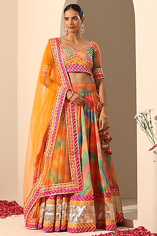Orange Georgette Gota Patti Embroidered Lehenga Set by Pomcha Jaipur