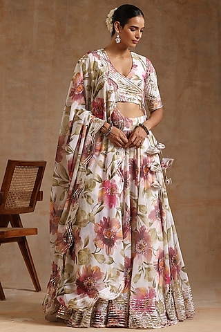 White Georgette Floral Printed Gota Patti Lehenga Set by Pomcha Jaipur