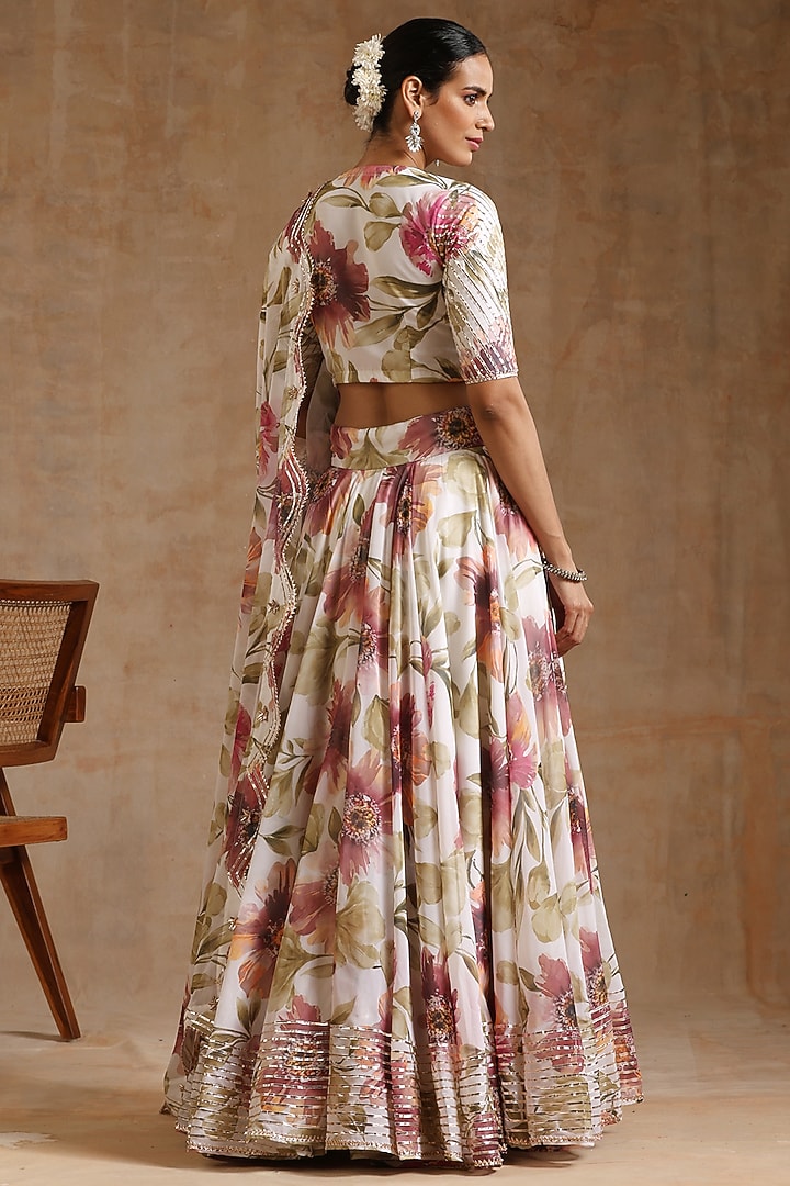 White Georgette Floral Printed Gota Patti Lehenga Set by Pomcha Jaipur at Pernia's Pop Up Shop