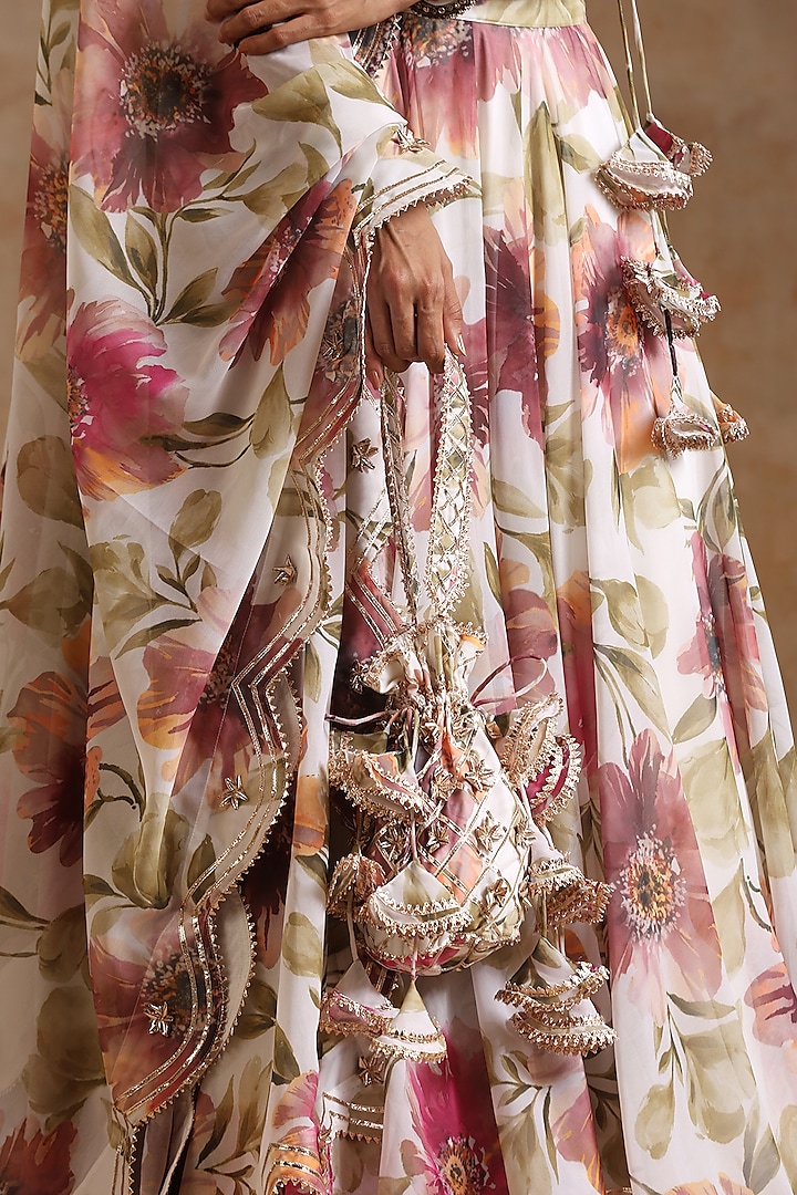 White Georgette Floral Printed Gota Patti Lehenga Set by Pomcha Jaipur at Pernia's Pop Up Shop