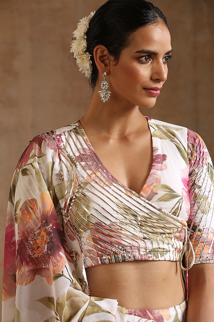 White Georgette Floral Printed Gota Patti Lehenga Set by Pomcha Jaipur at Pernia's Pop Up Shop