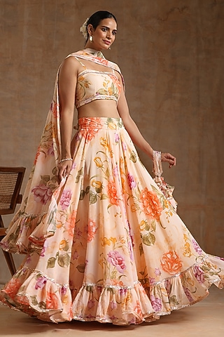 Peach Georgette Printed Gota Patti Lehenga Set by Pomcha Jaipur