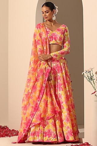 Yellow Muslin Floral Printed Lehenga Set by Pomcha Jaipur