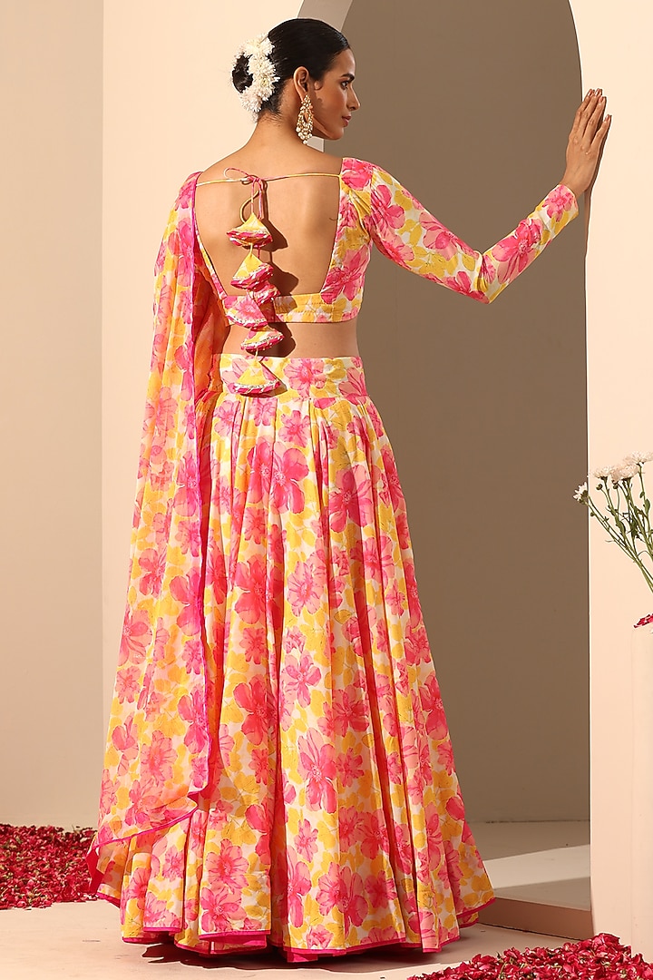 Yellow Muslin Floral Printed Lehenga Set by Pomcha Jaipur at Pernia's Pop Up Shop