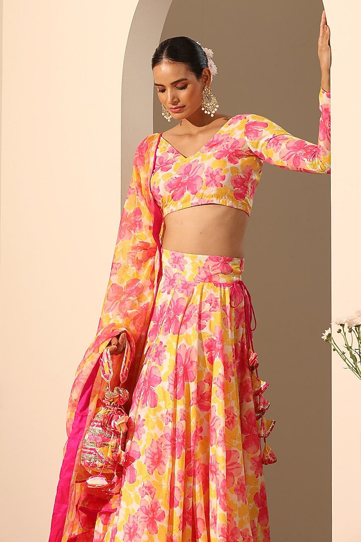 Yellow Muslin Floral Printed Lehenga Set by Pomcha Jaipur at Pernia's Pop Up Shop