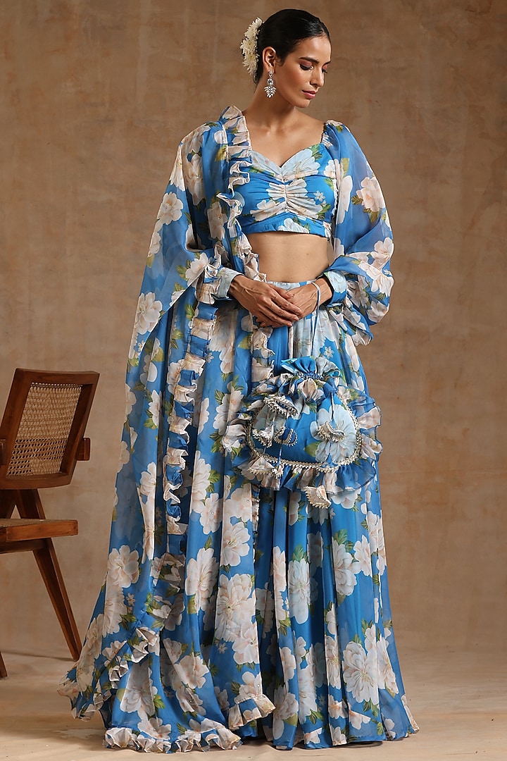 Blue Organza Floral Printed Lehenga Set by Pomcha Jaipur