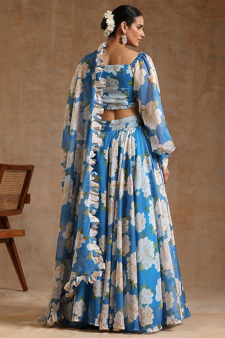 Blue Organza Floral Printed Lehenga Set by Pomcha Jaipur at Pernia's Pop Up Shop