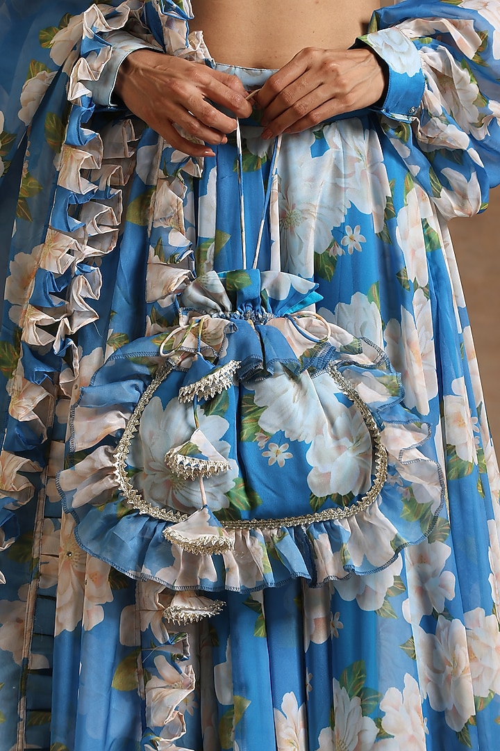 Blue Organza Floral Printed Lehenga Set by Pomcha Jaipur at Pernia's Pop Up Shop