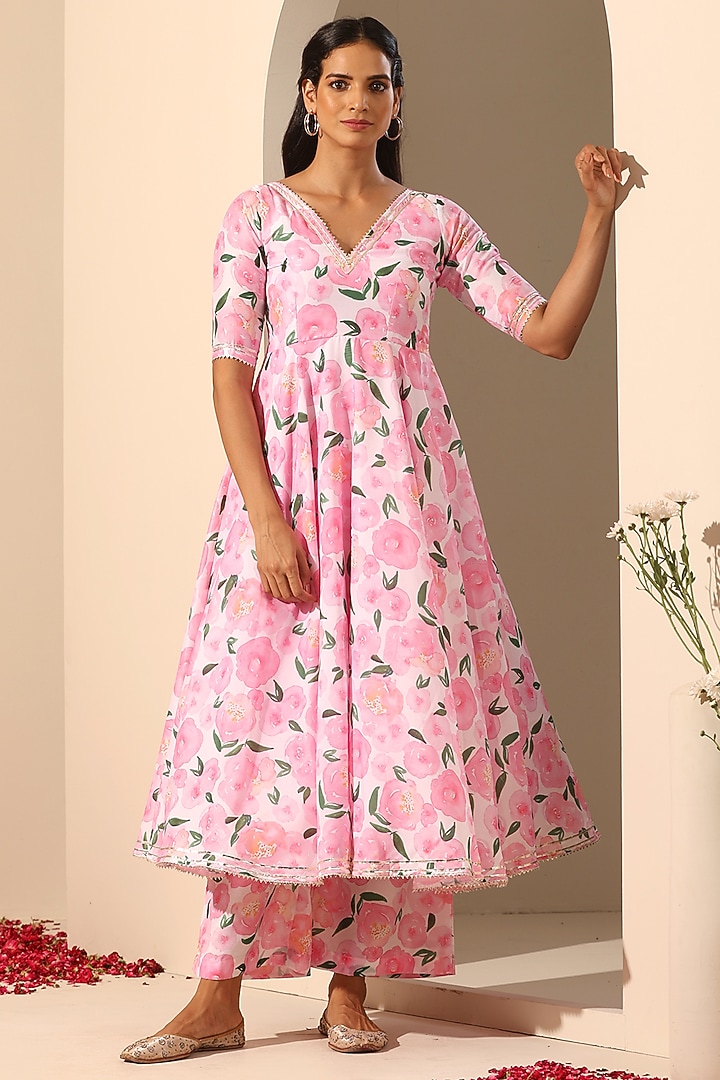 Pink Muslin Printed Party Wear Anarkali Set by Pomcha Jaipur at Pernia's Pop Up Shop