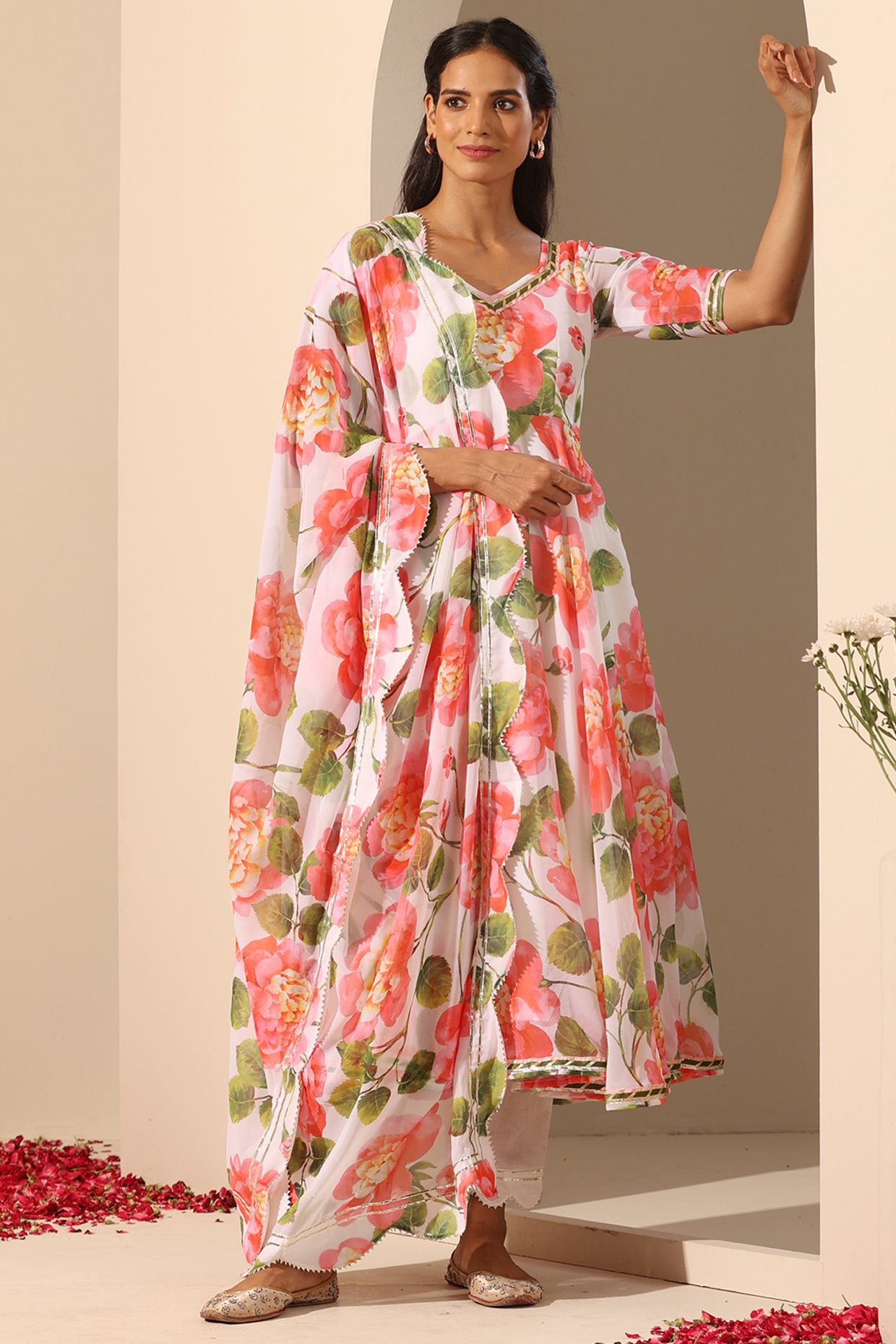 White Georgette Printed Anarkali Set by Pomcha Jaipur at Pernia's Pop Up Shop