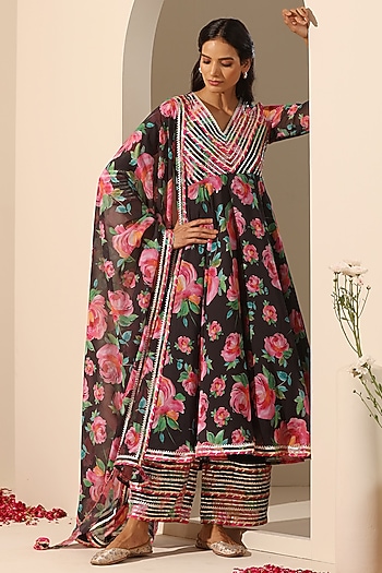 Black Georgette Printed Party Wear Anarkali Set by Pomcha Jaipur at Pernia's Pop Up Shop