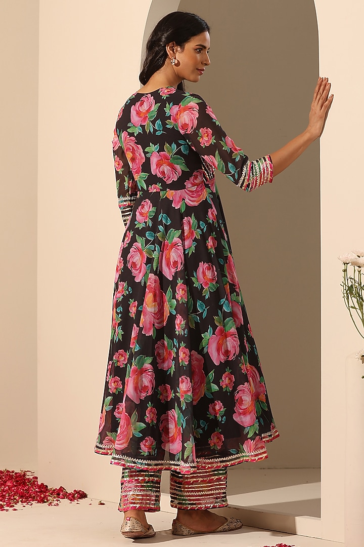 Black Georgette Printed Party Wear Anarkali Set by Pomcha Jaipur at Pernia's Pop Up Shop