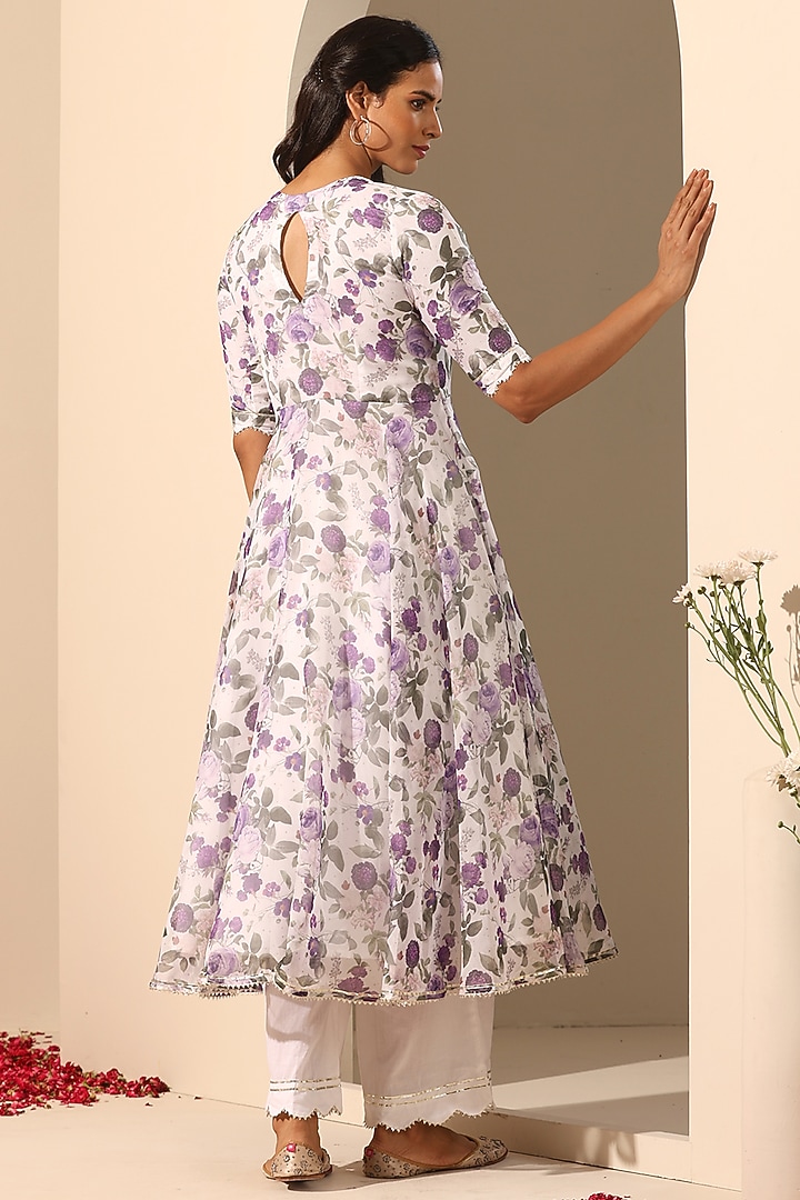 White Organza Printed Anarkali Set by Pomcha Jaipur at Pernia's Pop Up Shop