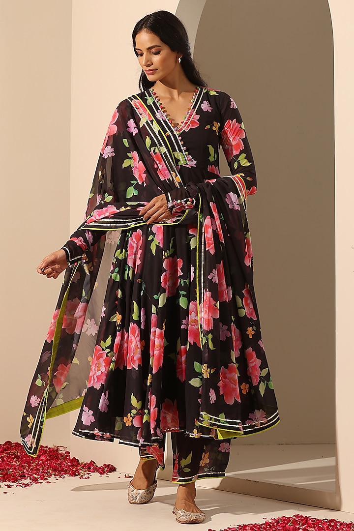 Black Georgette Printed Anarkali Set by Pomcha Jaipur at Pernia's Pop Up Shop