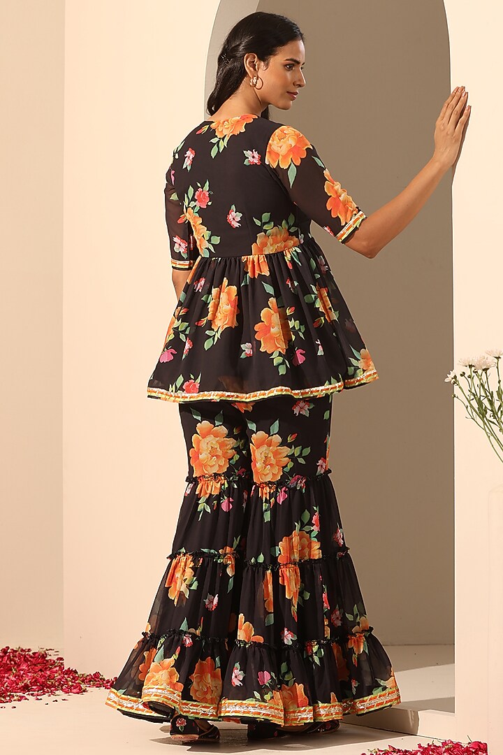 Black Georgette Printed Party Wear Sharara Set by Pomcha Jaipur at Pernia's Pop Up Shop