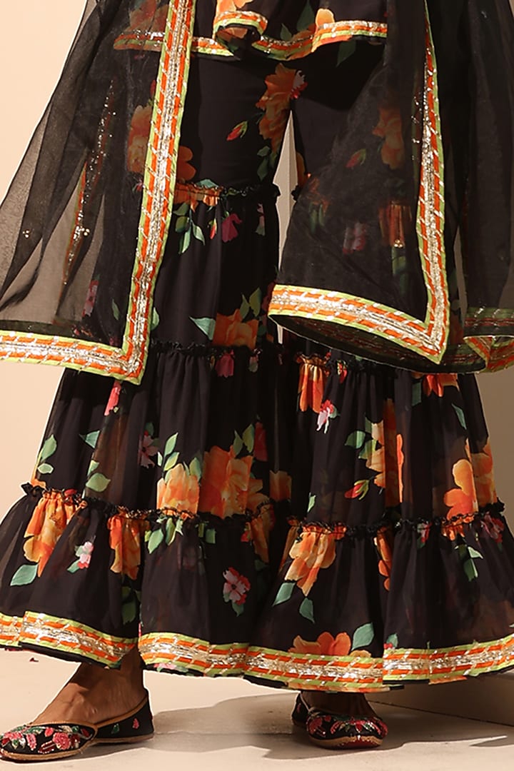 Black Georgette Printed Party Wear Sharara Set by Pomcha Jaipur at Pernia's Pop Up Shop