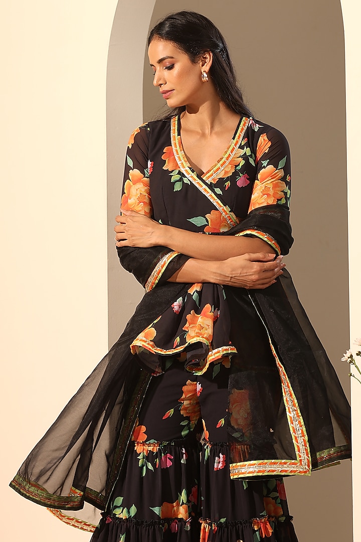 Black Georgette Printed Party Wear Sharara Set by Pomcha Jaipur at Pernia's Pop Up Shop