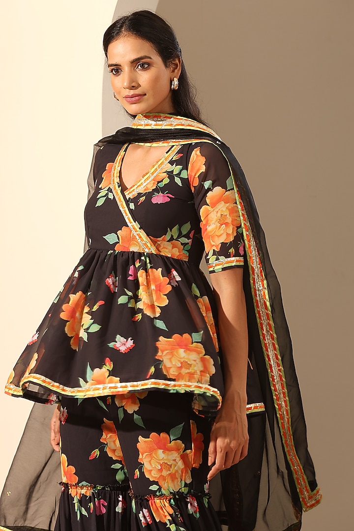 Black Georgette Printed Party Wear Sharara Set by Pomcha Jaipur at Pernia's Pop Up Shop