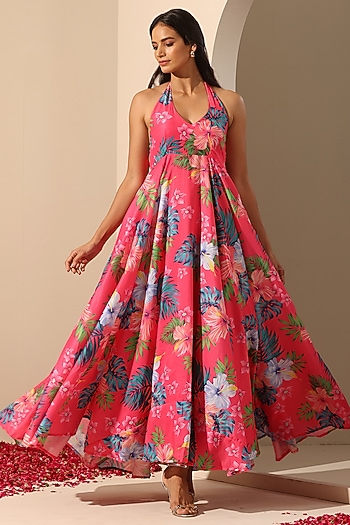 Pink Muslin Floral Printed Maxi Summer Dress by Pomcha Jaipur at Pernia's Pop Up Shop