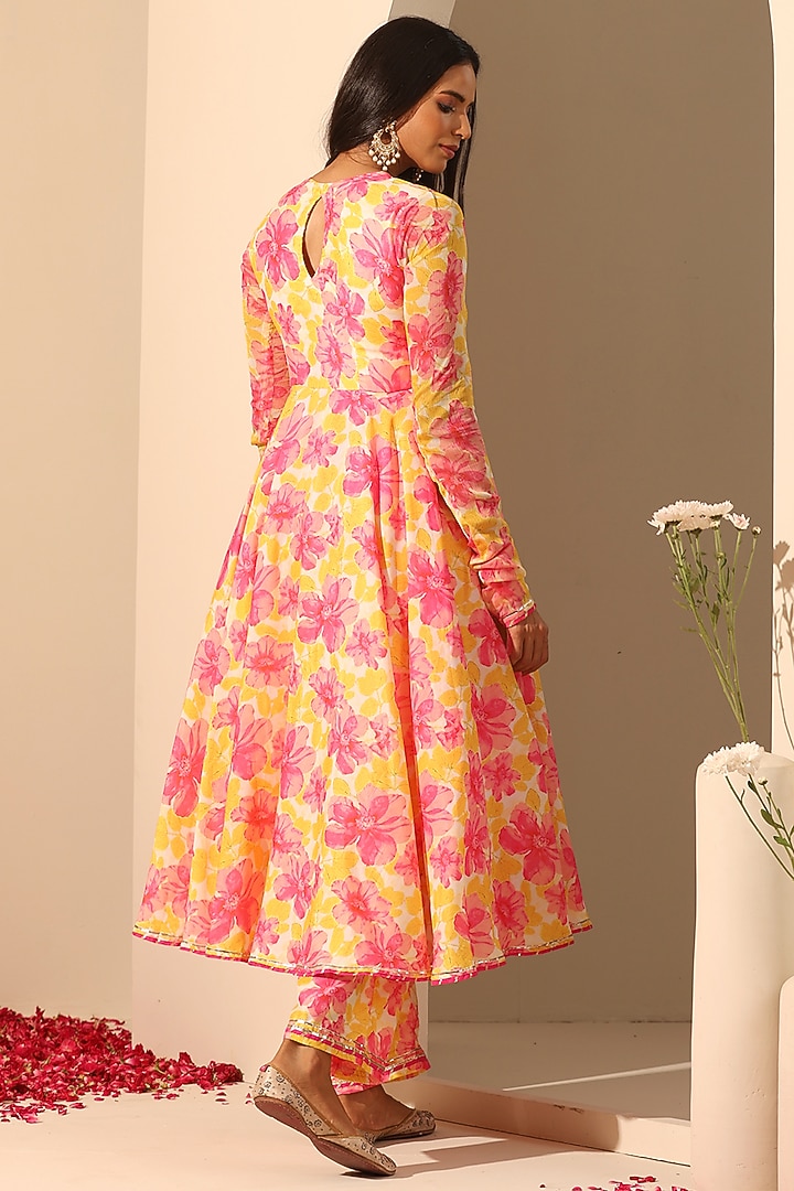 Yellow Muslin Printed Angrakha Party Wear Anarkali Set by Pomcha Jaipur at Pernia's Pop Up Shop