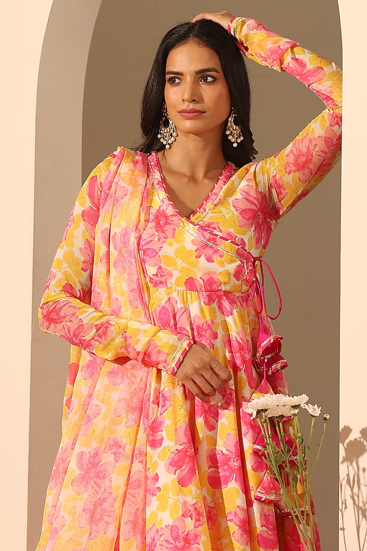 Yellow Muslin Printed Angrakha Party Wear Anarkali Set by Pomcha Jaipur at Pernia's Pop Up Shop