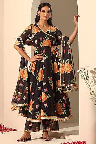 Black Georgette Floral Printed Angrakha Anarkali Set by Pomcha Jaipur