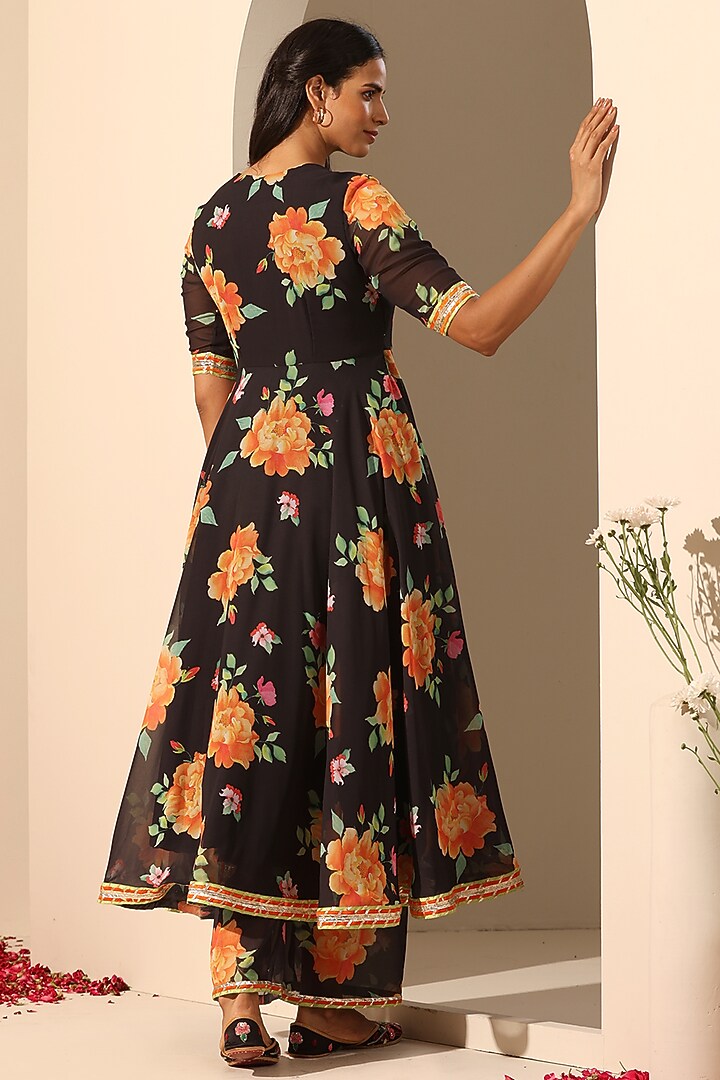 Black Georgette Floral Printed Angrakha Party Wear Anarkali Set by Pomcha Jaipur at Pernia's Pop Up Shop